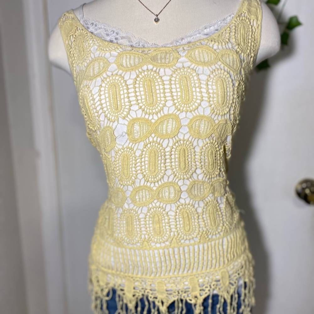 Say What? Yellow Crochet Fringe Tank Top